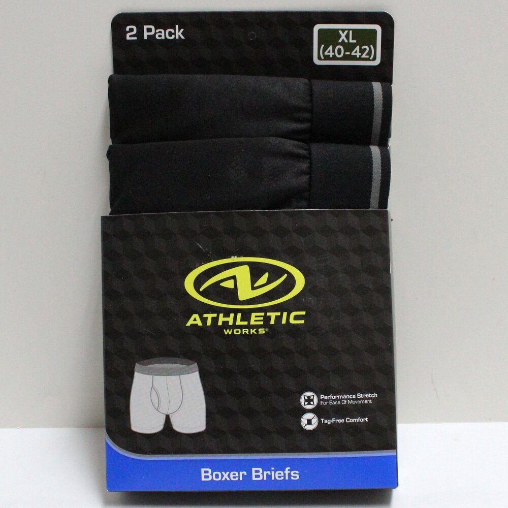 NWT Men's XL (40-42) Athletic Works 2 Pack Tag-Free Black Boxer Briefs